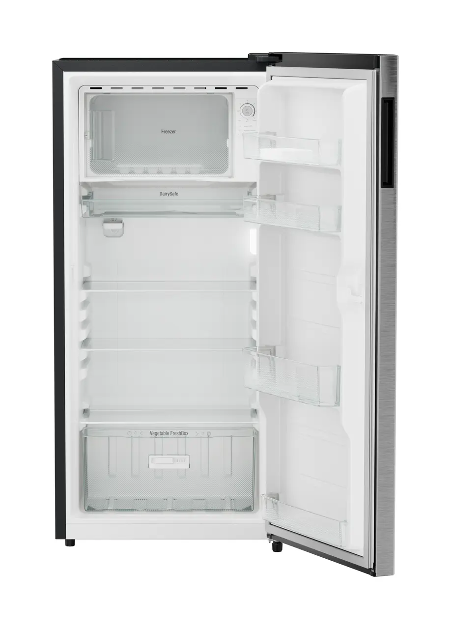 Product image, Perspective: straight open empty, Single-door refrigerator 191 l in 5 star with inverter compressor, Casing colour: grey, Door colour: Silver Steel
