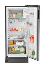 Product image, Perspective: straight open decorated, Single-door refrigerator 202 l in 3 star with foot pedal base drawer, Casing colour: grey, Door colour: Silver Steel