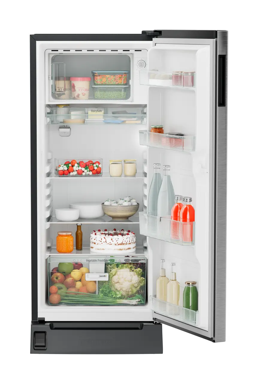Product image, Perspective: straight open decorated, Single-door refrigerator 202 l in 3 star with foot pedal base drawer, Casing colour: grey, Door colour: Silver Steel