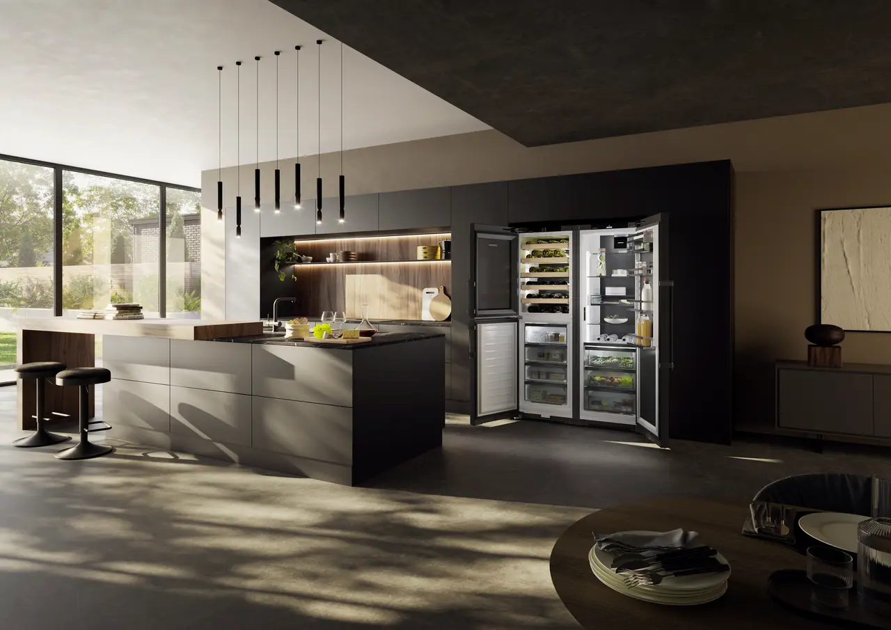 Produkt-Bild, Perspektive: Milieu, Side-by-Side-Kombination mit Weintemperierteil, Gehäusefarbe: BlackSteel, Türfarbe: BlackSteel