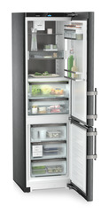 Product image, Perspective: oblique open decorated, Fridge-freezer with BioFresh and NoFrost, Casing colour: BlackSteel, Door colour: BlackSteel
