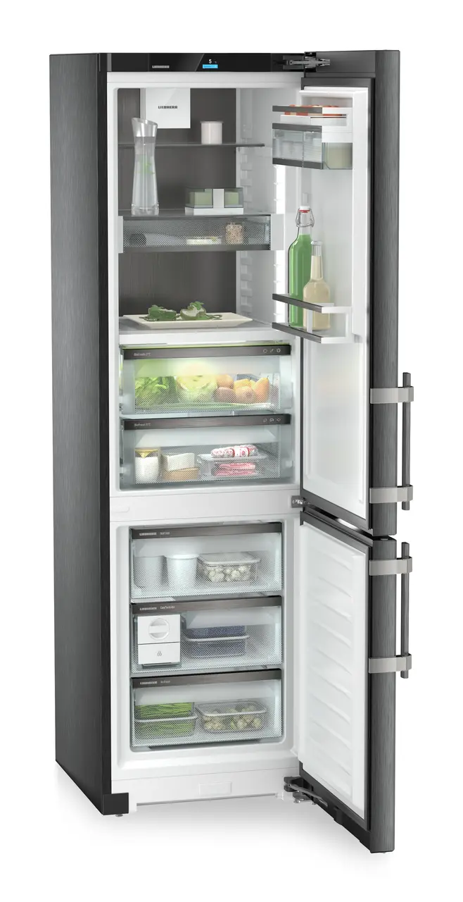 Product image, Perspective: oblique open decorated, Fridge-freezer with BioFresh and NoFrost, Casing colour: BlackSteel, Door colour: BlackSteel