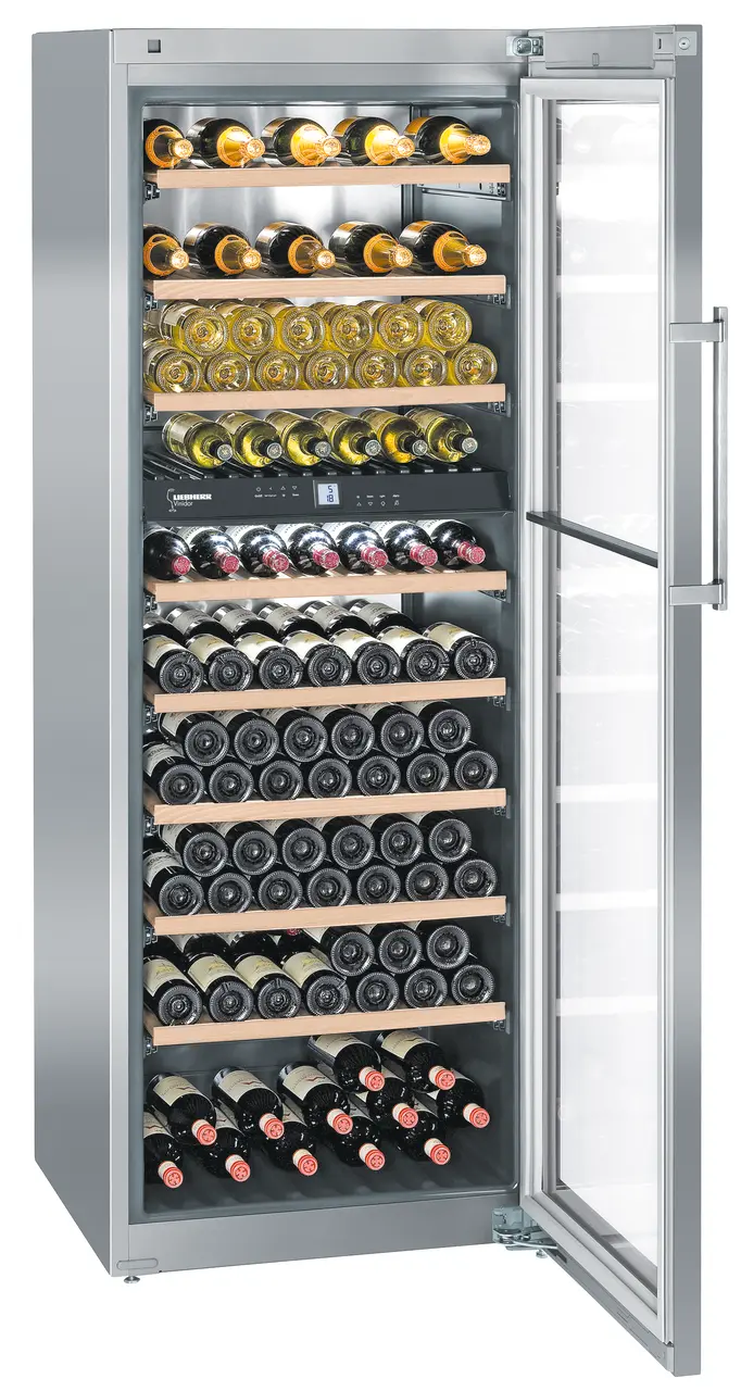 Product image, Perspective: oblique open decorated, Multi-temperature wine cabinet, Casing colour: stainless steel, Door colour: stainless steel