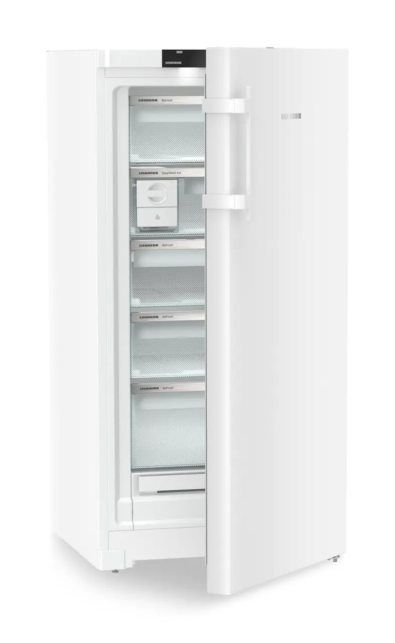 Product image, Perspective: oblique half-open empty, Freestanding freezer with NoFrost and EasyTwist-Ice, Casing colour: white, Door colour: white