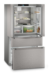 Product image, Perspective: oblique open decorated, French Door fridge-freezer with 2 freezer drawers and IceMaker and InfinitySpring, Casing colour: silver, Door colour: stainless steel