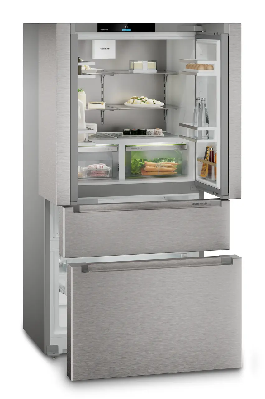 Product image, Perspective: oblique open decorated, French Door fridge-freezer with 2 freezer drawers and IceMaker and InfinitySpring, Casing colour: silver, Door colour: stainless steel