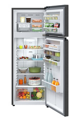 Product image, Perspective: straight open decorated, Fridge-freezer with NoFrost, Casing colour: grey, Door colour: BlackSteel