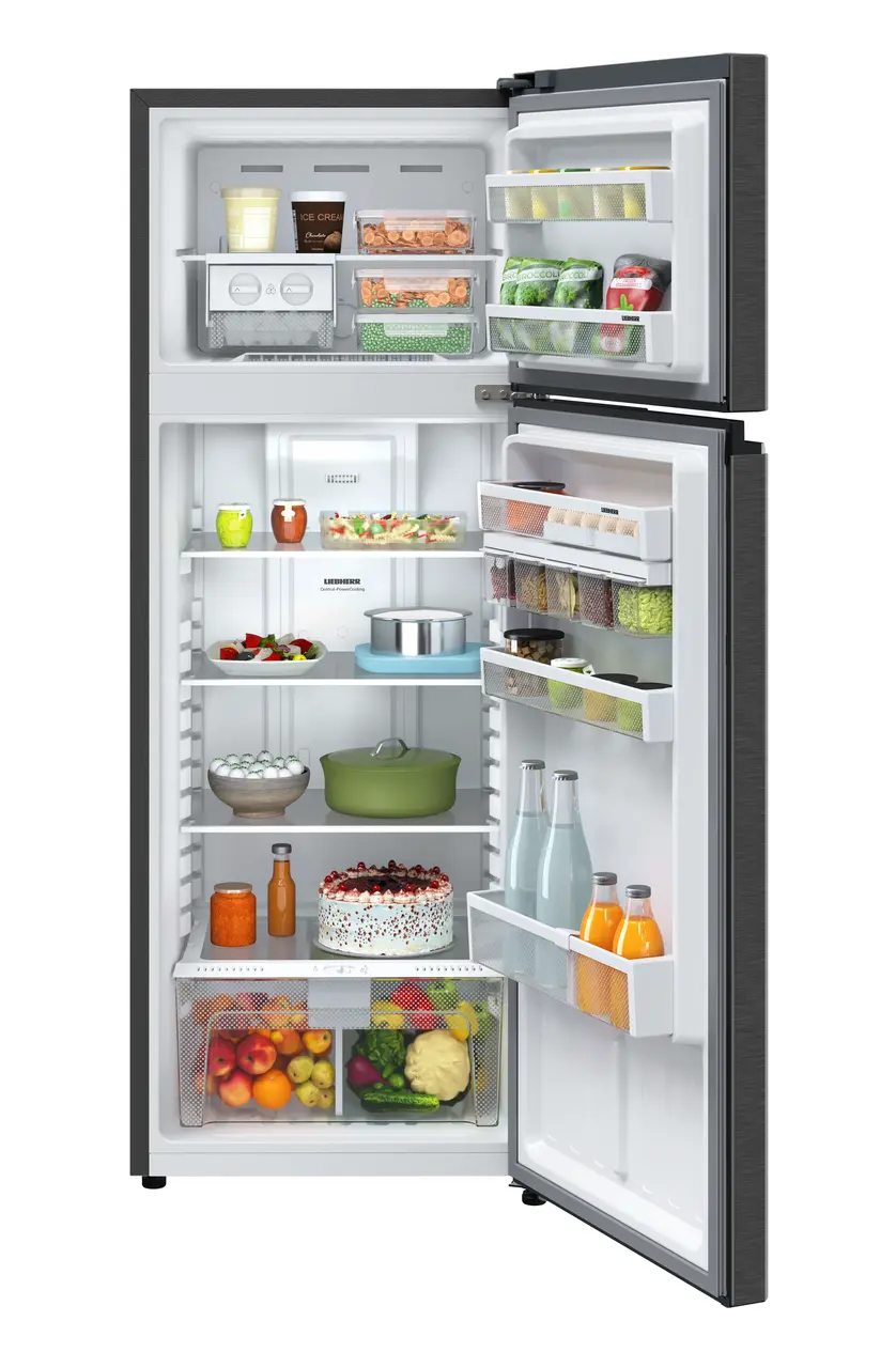 Product image, Perspective: straight open decorated, Fridge-freezer with NoFrost, Casing colour: grey, Door colour: BlackSteel