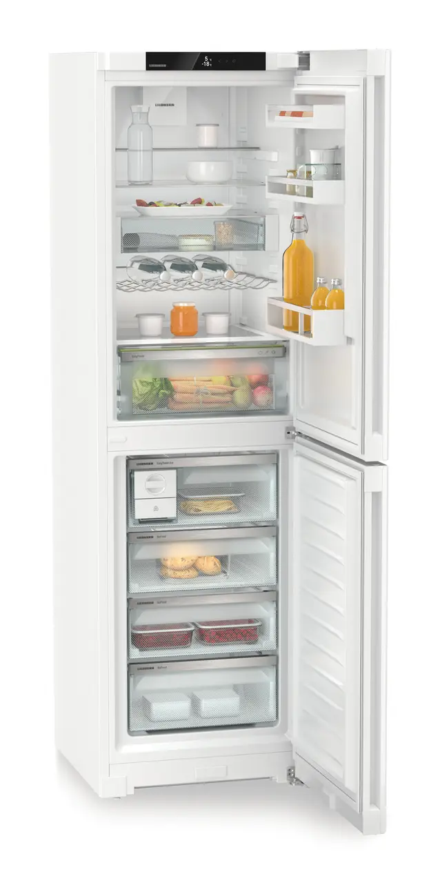 Product image, Perspective: oblique open decorated, Combined fridge-freezers with EasyFresh and NoFrost, Casing colour: white, Door colour: white