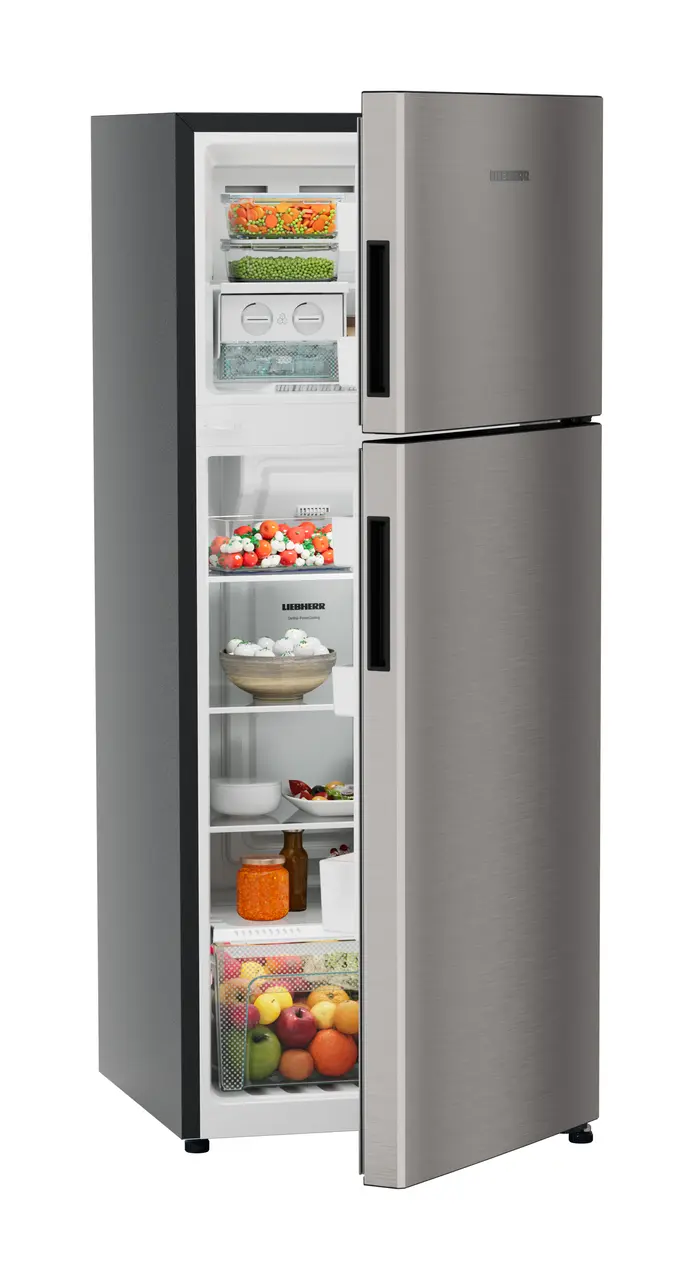 Product image, Perspective: oblique half-open decorated, Fridge-freezer with NoFrost, Casing colour: grey, Door colour: Grey Steel