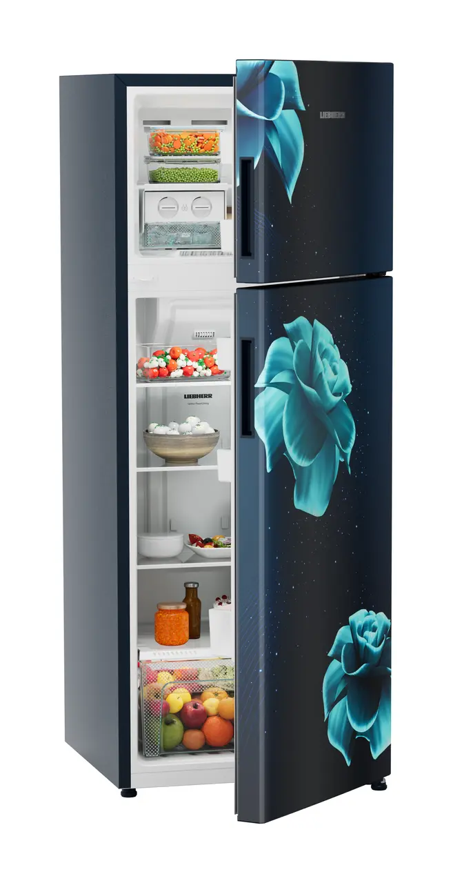 Product image, Perspective: oblique half-open decorated, Fridge-freezer with NoFrost, Casing colour: blue, Door colour: Blue Divine