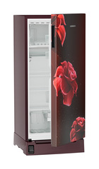 Product image, Perspective: oblique half-open empty, Single-door refrigerator 191 l in 3 star with foot pedal base drawer, Casing colour: red, Door colour: Red Divine
