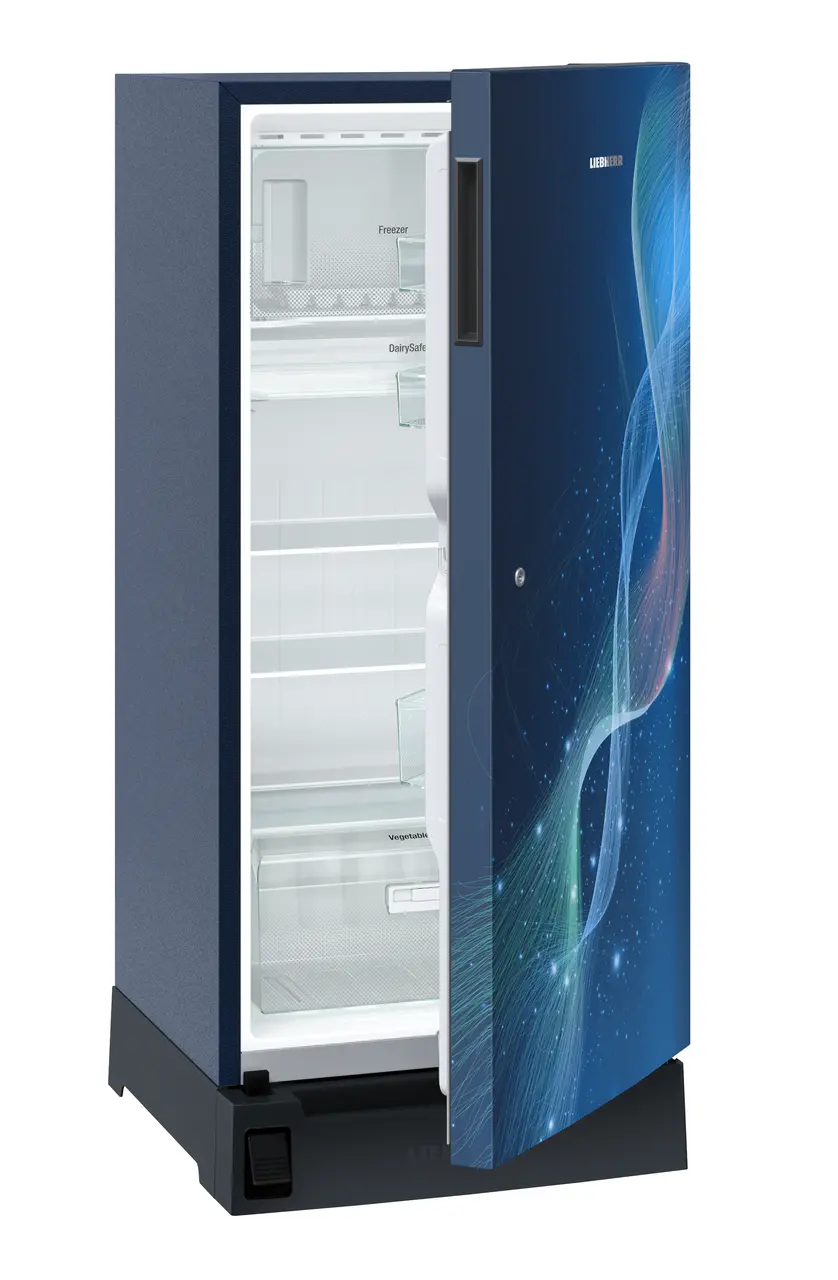 Product image, Perspective: oblique half-open empty, Single-door refrigerator 191 l in 3 star with foot pedal base drawer, Casing colour: blue, Door colour: Azure Strings