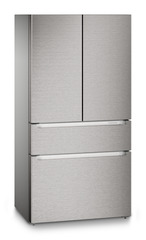 Image de produit, Perspective: Oblique fermé, Réfrigérateur-congélateur FrenchDoor avec 2 tiroirs de congélation, IceMaker et InfinitySpring, Couleur de porte: acier inox