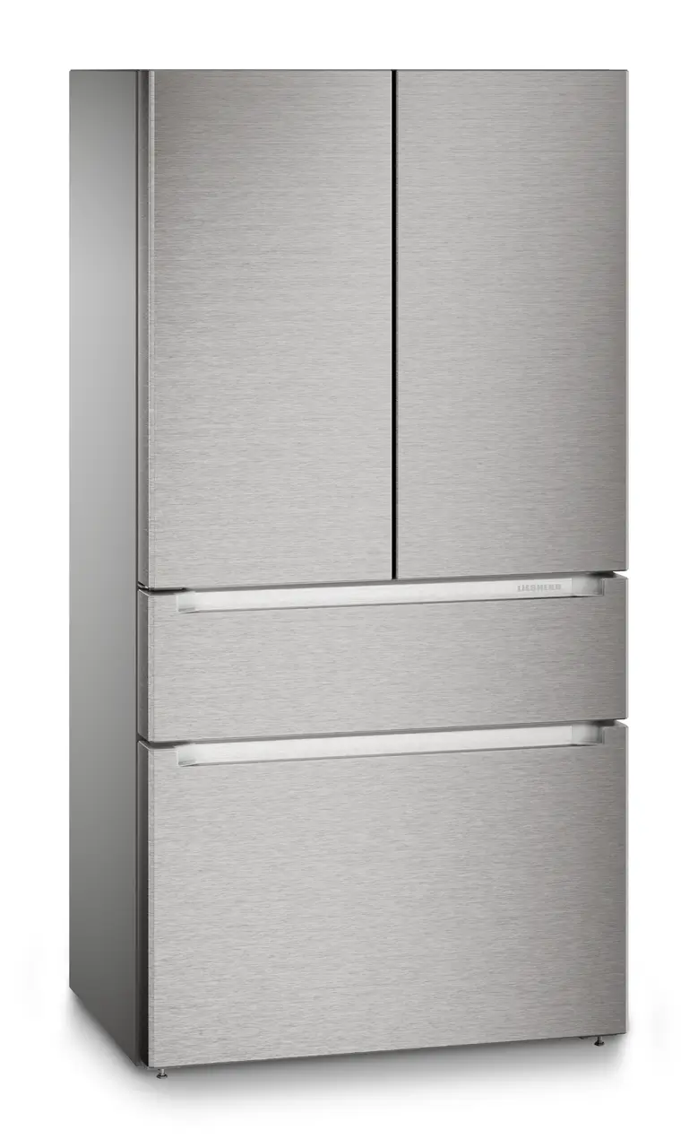 Image de produit, Perspective: Oblique fermé, Réfrigérateur-congélateur FrenchDoor avec 2 tiroirs de congélation, IceMaker et InfinitySpring, Couleur de porte: acier inox