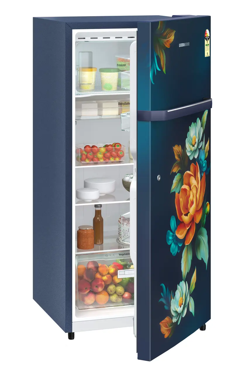 Product image, Perspective: oblique half-open decorated, Single-door refrigerator 191 l in 2 Star and with horizontal handle, Casing colour: blue, Door colour: Blue Wonder