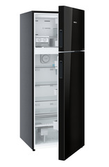 Product image, Perspective: oblique half-open empty, Fridge-freezer with NoFrost, Casing colour: grey, Door colour: Black Gloss