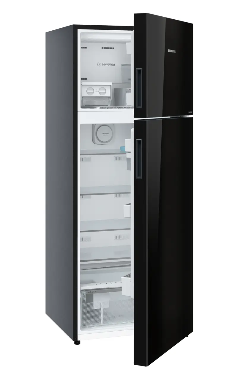 Product image, Perspective: oblique half-open empty, Fridge-freezer with NoFrost, Casing colour: grey, Door colour: Black Gloss