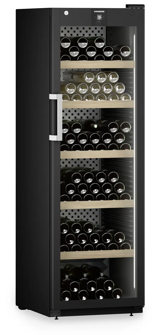 Product image, Perspective: oblique closed decorated, Wine storage cabinet, Casing colour: black, Door colour: black
