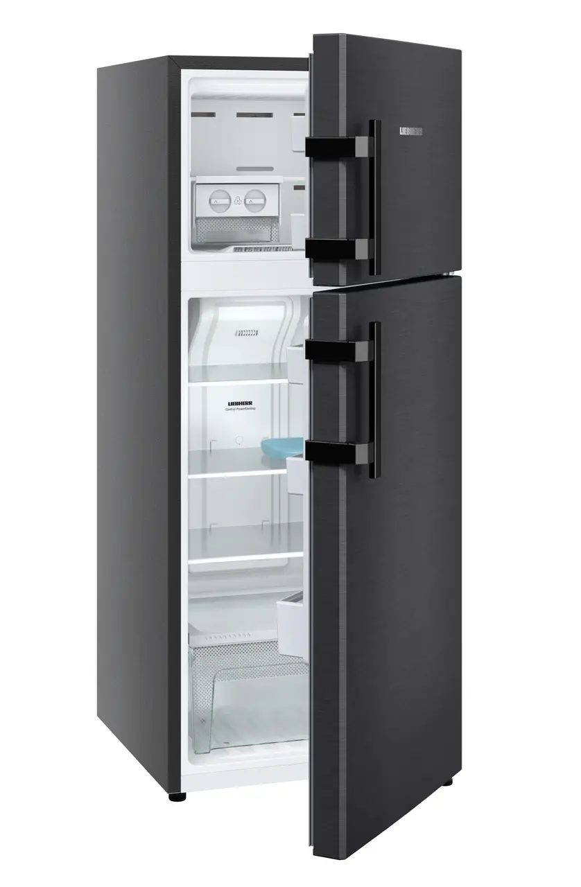 Product image, Perspective: oblique half-open empty, Fridge-freezer with NoFrost, Casing colour: grey, Door colour: BlackSteel