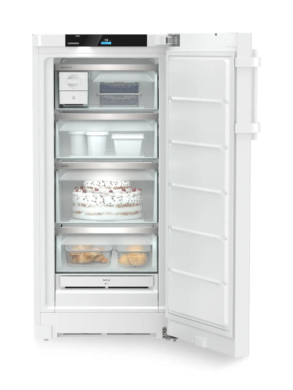 Product image, Perspective: straight open decorated, Freestanding freezer with NoFrost and EasyTwist-Ice, Casing colour: white, Door colour: white