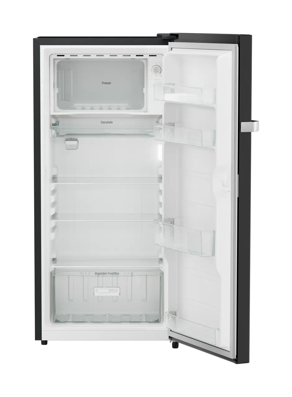 Product image, Perspective: straight open empty, Single-door refrigerator 191 l in 3 star and horizontal handle, Casing colour: grey, Door colour: Black Gloss