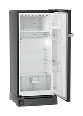 Product image, Perspective: oblique open empty, Single-door refrigerator 191 l with foot pedal base drawer and iCoolTouch UI, Casing colour: grey, Door colour: BlackSteel