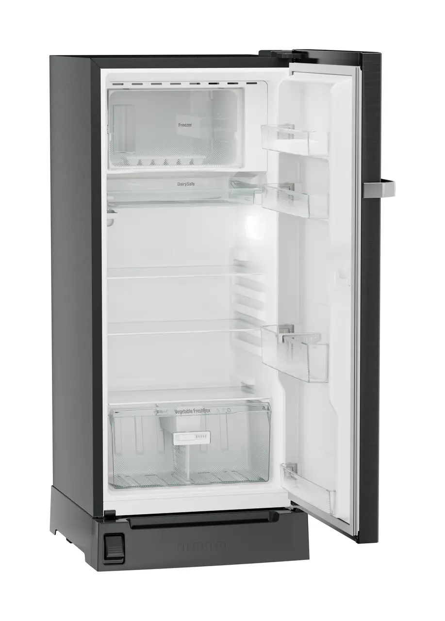Product image, Perspective: oblique open empty, Single-door refrigerator 191 l with foot pedal base drawer and iCoolTouch UI, Casing colour: grey, Door colour: BlackSteel