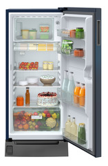 Product image, Perspective: straight open decorated, Single-door fridge, 191 l in 2 star with foot pedal base drawer, Casing colour: blue, Door colour: Blue Wonder