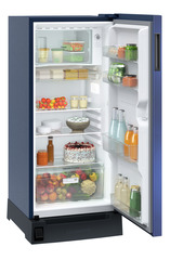 Product image, Perspective: oblique open decorated, Single-door refrigerator 191 l in 3 star with foot pedal base drawer, Casing colour: blue, Door colour: Blue Hibiskus