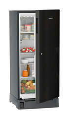 Product image, Perspective: oblique half-open decorated, Single-door refrigerator 191 l in 3 star with foot pedal base drawer, Casing colour: grey, Door colour: Black Gloss