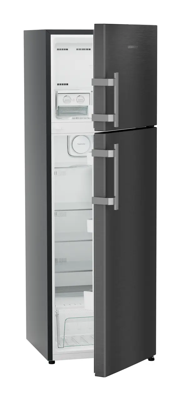 Product image, Perspective: oblique half-open empty, Fridge-freezer with NoFrost, Casing colour: grey, Door colour: BlackSteel