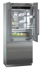Product image, Perspective: oblique open decorated, Combined refrigerator-freezer with BioFresh and NoFrost for integrated use, Casing colour: grey