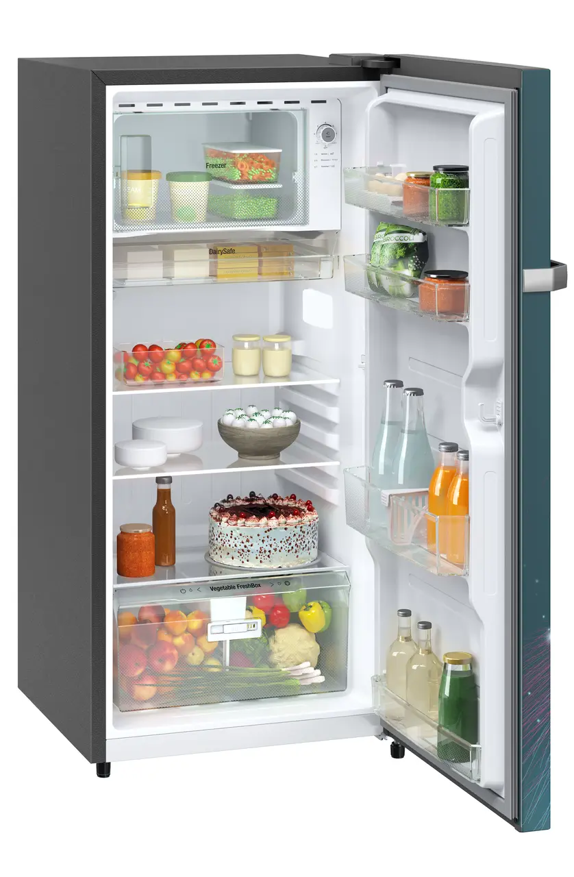 Product image, Perspective: oblique open decorated, Single-door fridge 191 l in 4 star with inverter compressor, Casing colour: grey, Door colour: Teal Strings