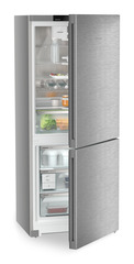 Product image, Perspective: oblique half-open decorated, Combined fridge-freezers with EasyFresh and NoFrost, Casing colour: silver, Door colour: stainless steel