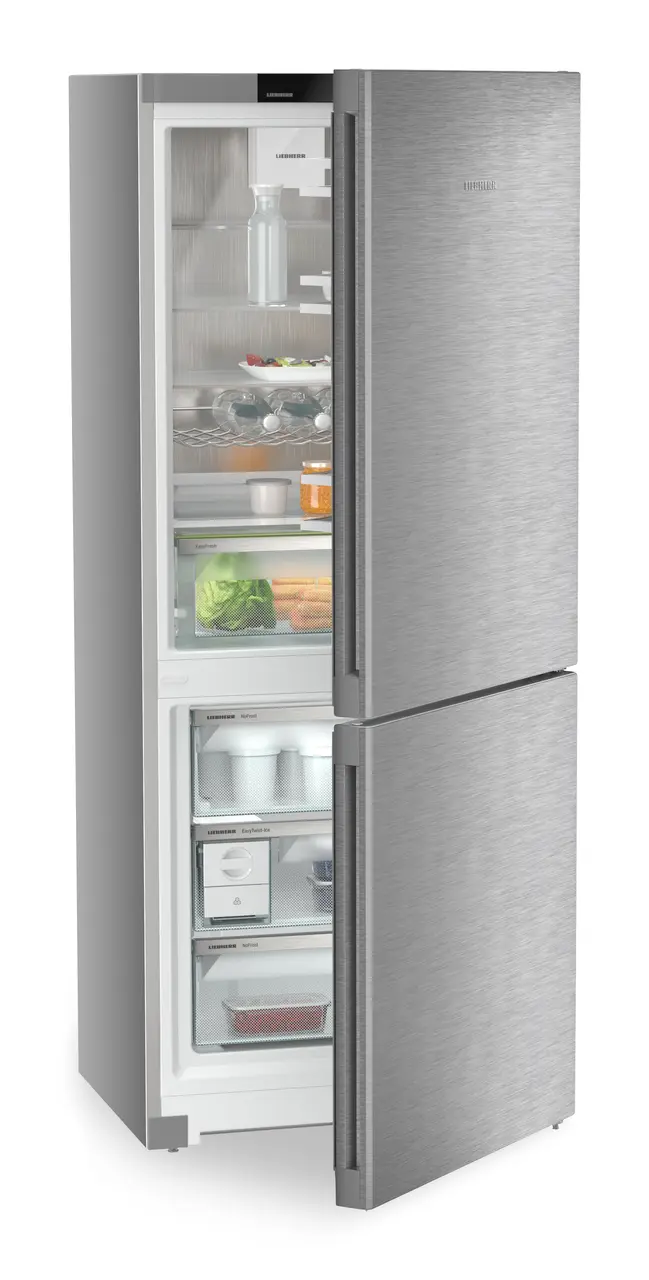 Product image, Perspective: oblique half-open decorated, Combined fridge-freezers with EasyFresh and NoFrost, Casing colour: silver, Door colour: stainless steel
