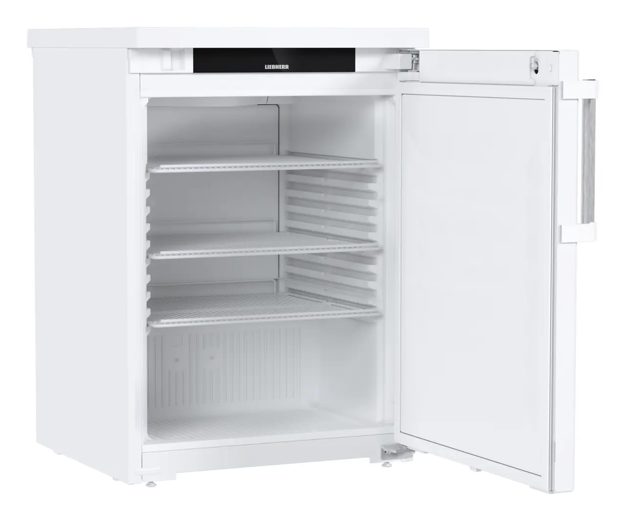 Obraz produktu, Perspektywa: Pod kątem, otwarte, puste, Chłodziarka do zabudowy pod blat z chłodzeniem powietrzem obiegowym, Kolor obudowy: Biała, Kolor drzwi: Biała