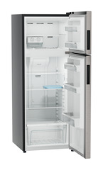 Product image, Perspective: oblique open empty, Fridge-freezer with NoFrost, Casing colour: grey, Door colour: Grey Steel