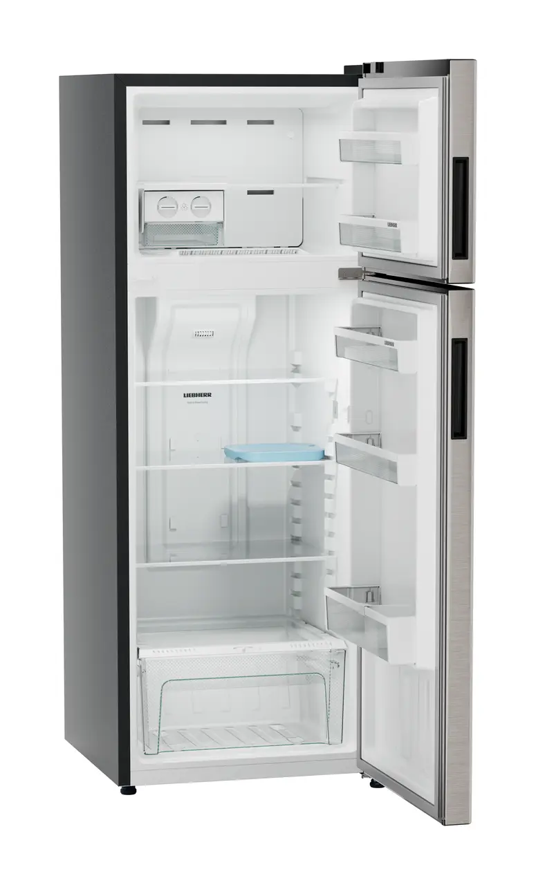 Product image, Perspective: oblique open empty, Fridge-freezer with NoFrost, Casing colour: grey, Door colour: Grey Steel