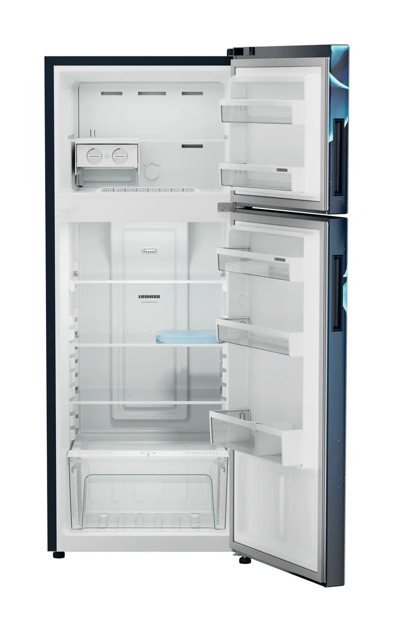 Product image, Perspective: straight open empty, Fridge-freezer with NoFrost, Casing colour: blue, Door colour: Blue Divine