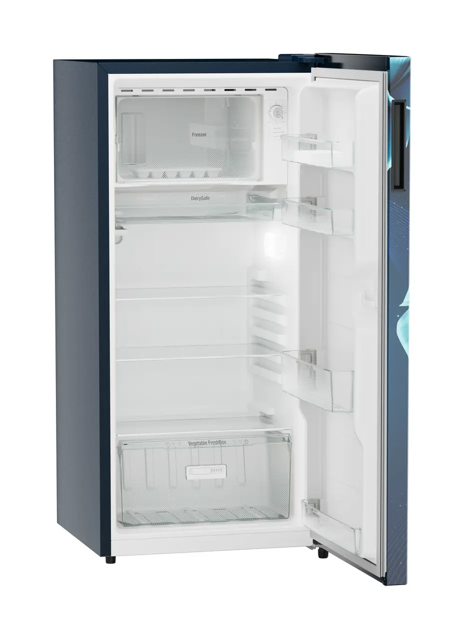 Product image, Perspective: oblique open empty, Single-door refrigerator 191 l in 3 star with VegFresh box, Casing colour: blue, Door colour: Blue Divine