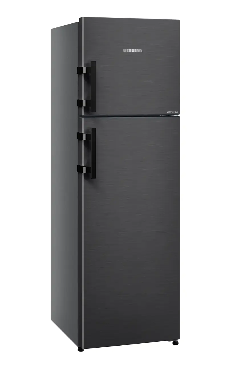 Product image, Perspective: oblique closed, Fridge-freezer with NoFrost, Casing colour: black, Door colour: BlackSteel