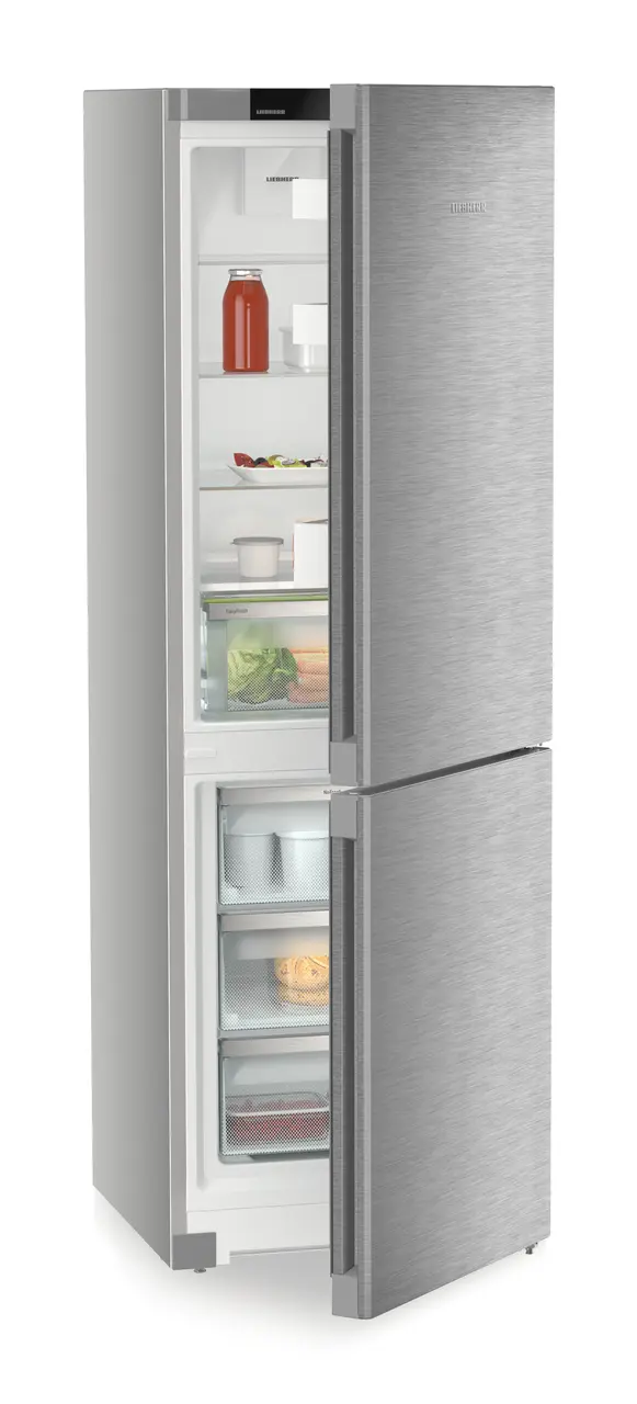 Product image, Perspective: oblique half-open decorated, Combined fridge-freezer with EasyFresh and NoFrost, Casing colour: silver, Door colour: stainless steel