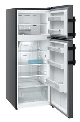 Product image, Perspective: oblique open empty, Fridge-freezer with NoFrost, Casing colour: grey, Door colour: BlackSteel