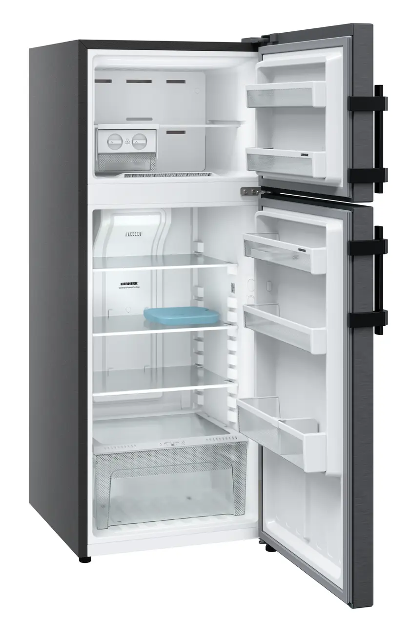 Product image, Perspective: oblique open empty, Fridge-freezer with NoFrost, Casing colour: grey, Door colour: BlackSteel