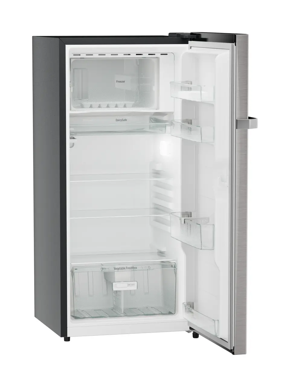Product image, Perspective: oblique open empty, Single-door refrigerator 191 l in 4 star with iCoolTouch UI, Casing colour: grey, Door colour: Stainless Steel