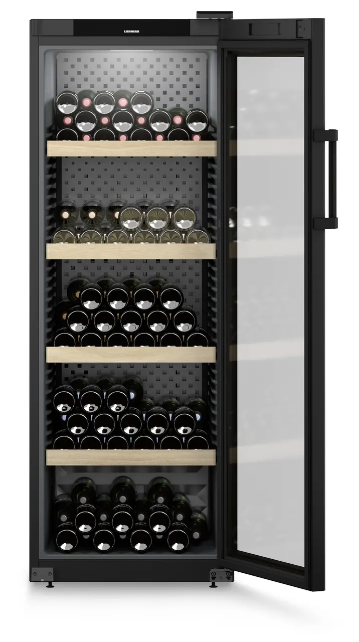Product image, Perspective: straight open decorated, Wine storage cabinet, Casing colour: black, Door colour: black