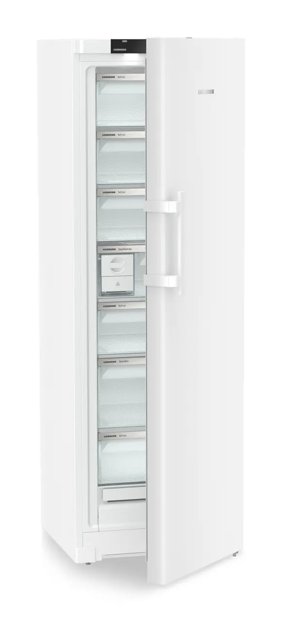 Obrázok produktu, Perspektíva: Šikmo, spotrebič polootvorený, prázdny, Voľne stojaca mraznička s NoFrost a EasyTwist-Ice, Farba steny: Biely, Farba dverí: Biely
