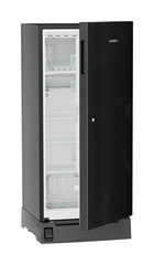 Product image, Perspective: oblique half-open empty, Single-door refrigerator 191 l in 3 star with foot pedal base drawer, Casing colour: grey, Door colour: Black Gloss