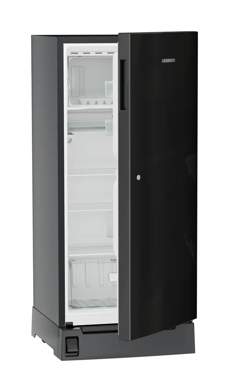 Product image, Perspective: oblique half-open empty, Single-door refrigerator 191 l in 3 star with foot pedal base drawer, Casing colour: grey, Door colour: Black Gloss